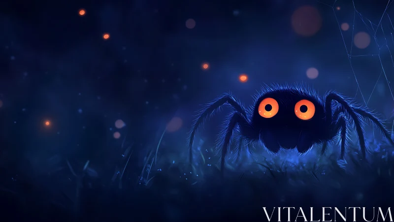 Glowing-eyed fuzzy spider explores a dreamy midnight meadow.