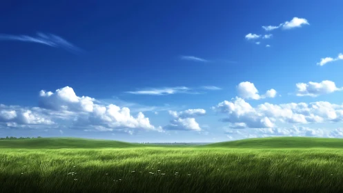 Vivid grassy meadow under expansive bright blue sky.