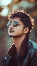 Young man in sunglasses and leather jacket outdoors.