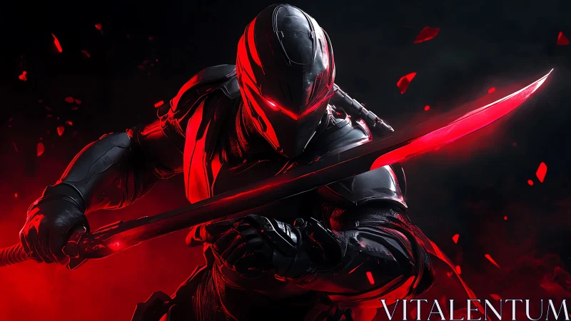 Cybernetic katana operative in dynamic red-luminescent stance.