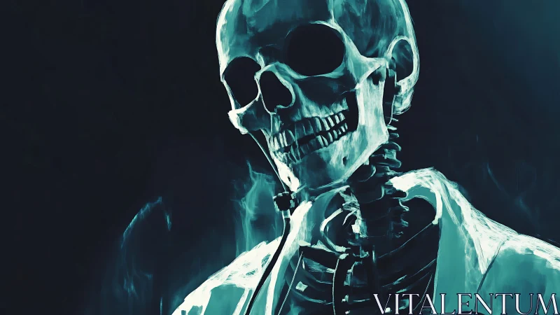 Bioluminescent skeletal portrait with teal rim lighting, frontal