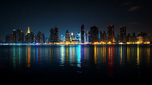 Midnight towers ignite the river with neon skyline echoes.