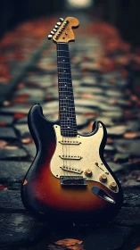 Sunburst electric guitar on wet cobblestone path at dusk.