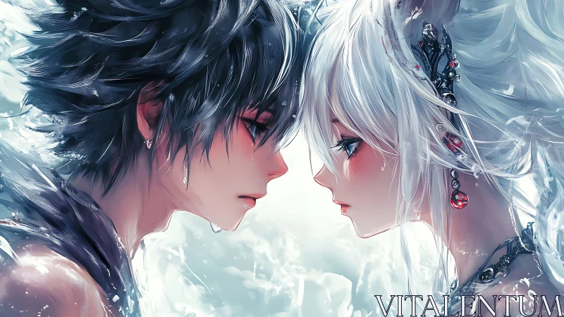 Anime couple touch foreheads in luminous icy atmosphere