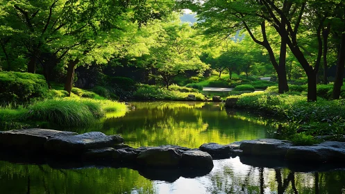 Tree-lined pond with stone crossing in landscaped garden.