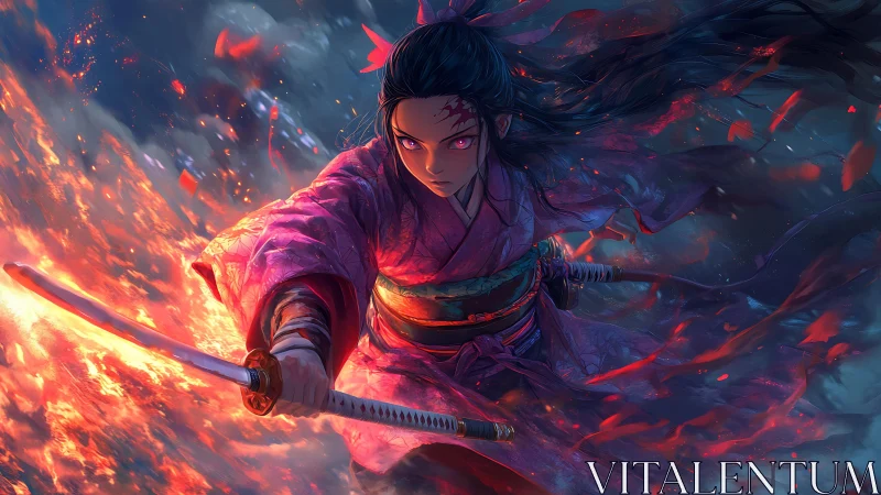 Blade-locked kunoichi advances through volumetric fire trails