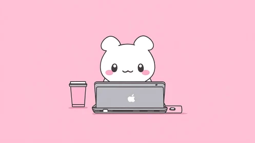 Cute bear coder at laptop on pastel pink workspace.