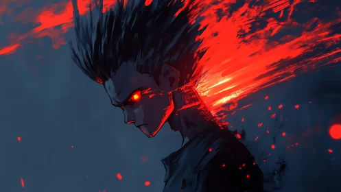 Incandescent rage vectorized as red energy plume portrait.