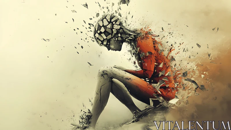 Fragmented seated figure dissolves into dispersed particles