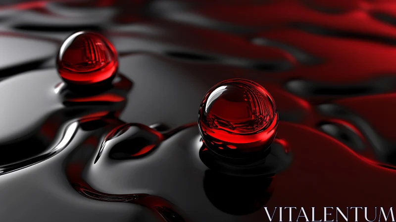 Red glass spheres glide across reflective black liquid.