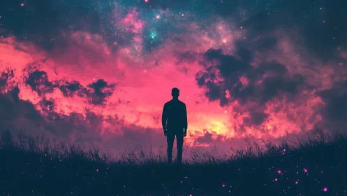 Silhouette of lone figure under vivid pink starry sky.