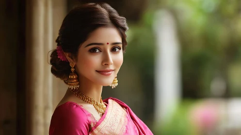 Portrait captures woman in silk sari with ornate gold jewelry and bokeh