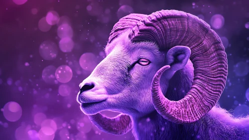 Bioluminescent ram portrait in magenta spectral lighting.