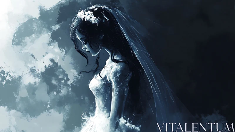 Melancholic bride in moonlit haze stands lost in thought