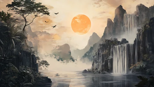 Misty river valley with waterfalls and large sun disk.