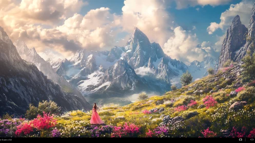 Woman in pink dress in alpine meadow below snowy peaks.