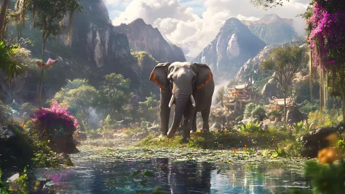 Elephant guardian crossing a lotus river in jade mountains.