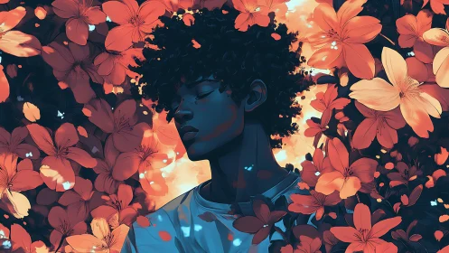 Melancholic portrait of young man framed by glowing orange blooms
