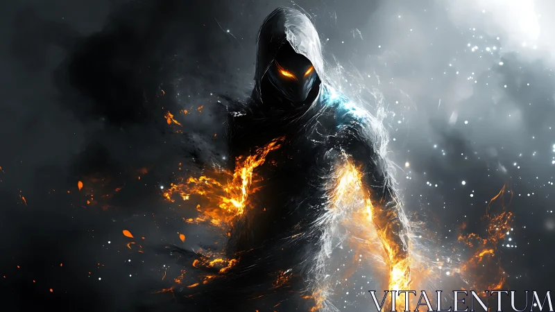 Hooded fire entity strides through smoke and glowing sparks.