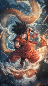 Sky-punching warrior with roaring celestial dragon coils.