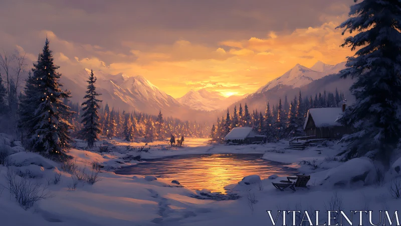 Snowy river cabins under orange winter sunset glow.