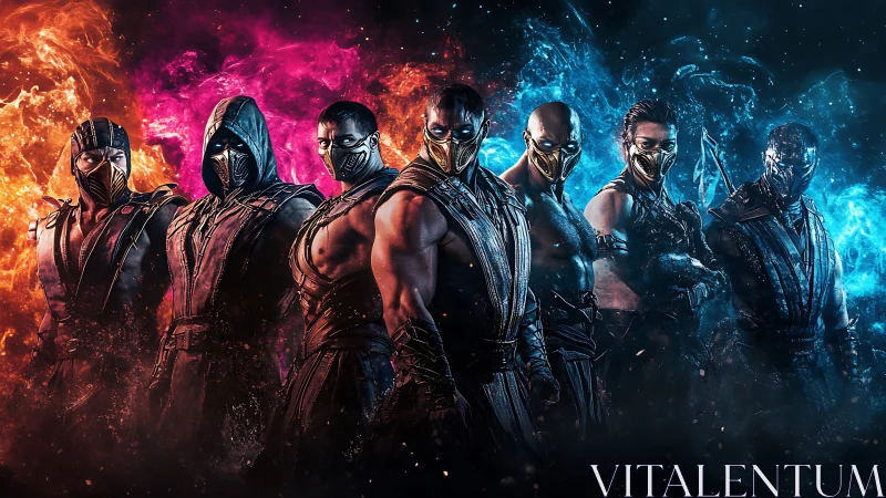 Masked warriors aligned before dual fire and ice fields.