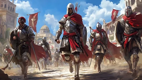 Digital painting of armored legion march in sunlit citadel streets.