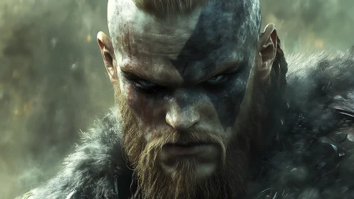 Fierce warrior gazes forward with stormy, battleworn resolve