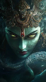 Serpent crowned sea goddess stares through emerald midnight