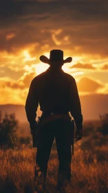 Silhouetted cowboy stands against low sun and clouded sky