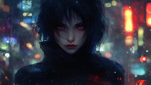 Nocturnal cyberpunk portrait with luminous red irises.