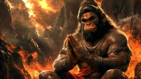 Fireborne monkey warrior in molten mountains at fierce prayer.