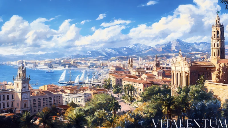 Sunlit Mediterranean harbor city overlooked by ornate towers