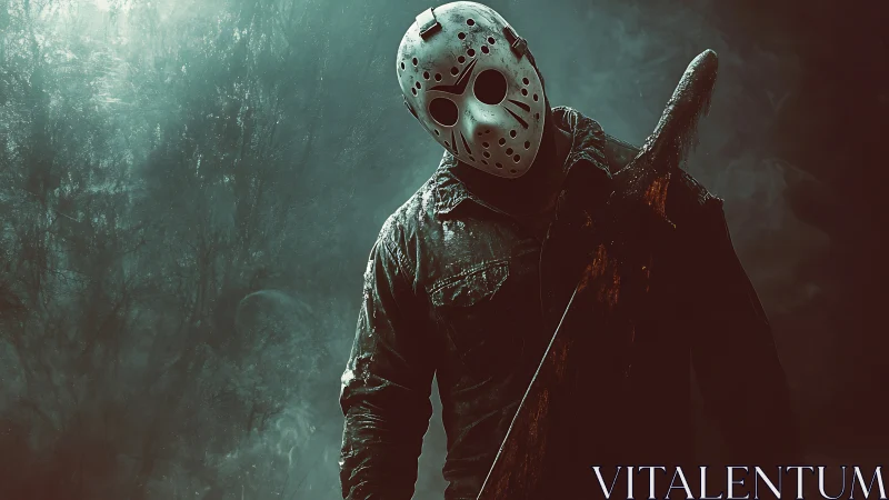 Hockey mask drifter stalks through teal fog with brutal blade