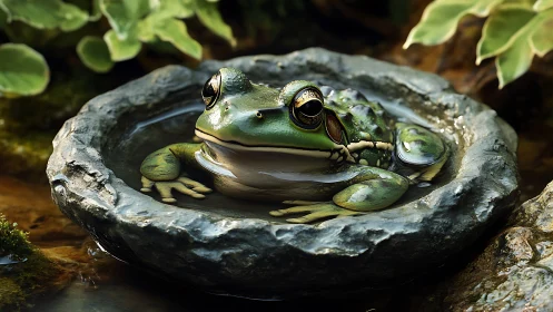 Green frog resting in shallow stone water basin outdoors.