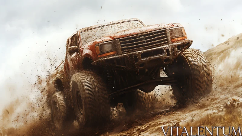 Photorealistic off-road truck in dynamic mud-splash action.