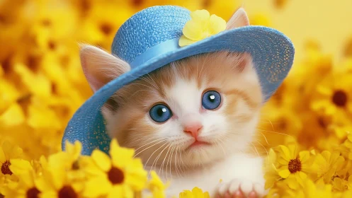 Charming Kitten Wears Blue Hat Among Yellow Flowers.