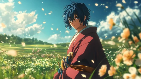 Stoic blue haired swordsman in spring meadow under petals