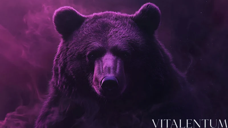Bioluminescent violet bear portrait in atmospheric fog field