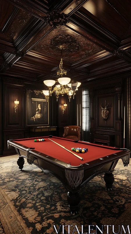 Luxury billiards room with red pool table and dark wood paneling.
