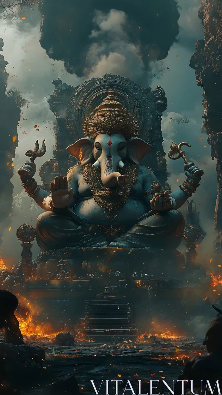 Colossal Ganesha statue meditates amid firelit ruins