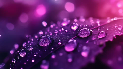 Chromatic macro of water droplets on magenta leaf surface.