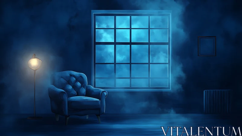Midnight armchair sanctuary adrift in luminous blue mist.