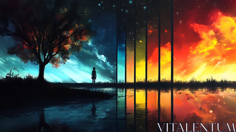 Silhouetted wanderer crosses a vivid sky portal at dusk.