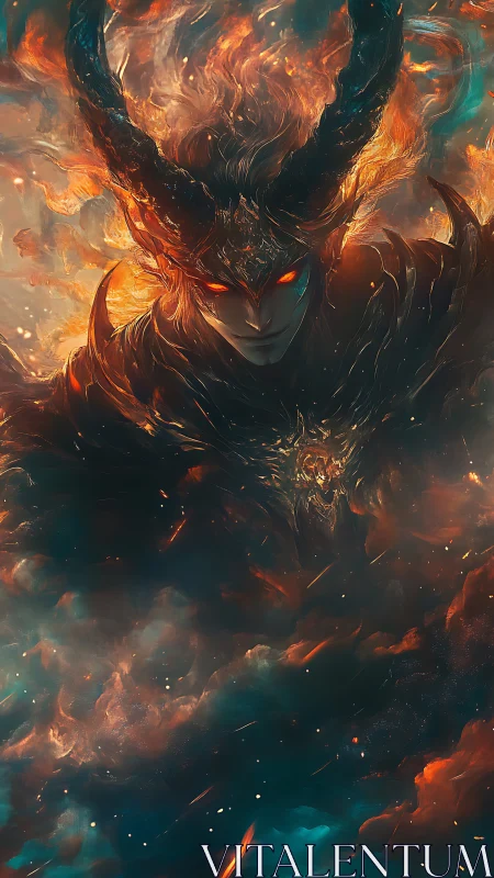 Infernal horned demon wreathed in cosmic firestorm.