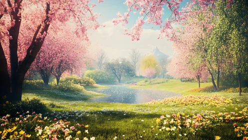 Spring landscape renders dense blossom trees around reflective pond