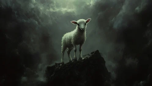 Young lamb standing on dark rocky peak under clouds.