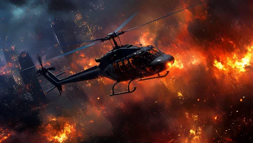 Digital painting of tactical helicopter over burning megacity.