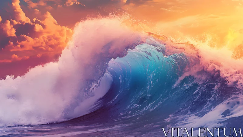 Large breaking ocean wave under vivid sunset sky.