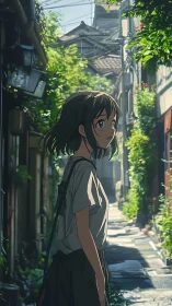 Girl in sunlit alleyway with dense urban greenery.
